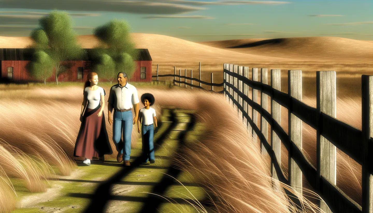 Family walking along inherited rural property