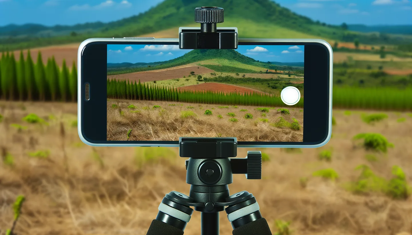 Smartphone on tripod photographing a vacant land parcel