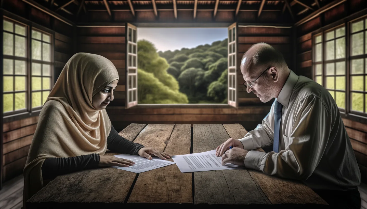 Two people reviewing land sale documents without a realtor