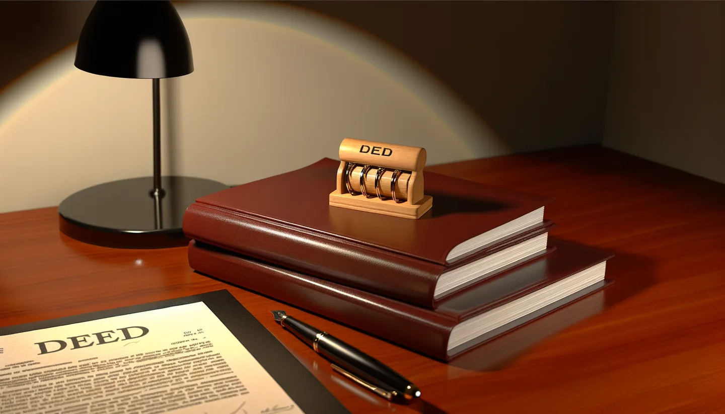 Legal land deed with notary stamp and fountain pen on desk