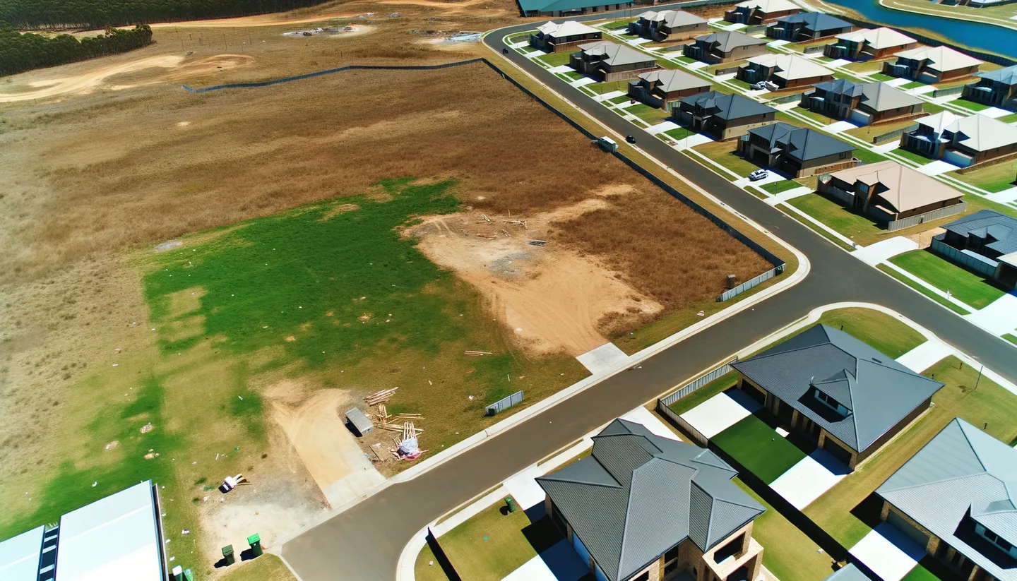 Aerial view of undeveloped land next to new construction