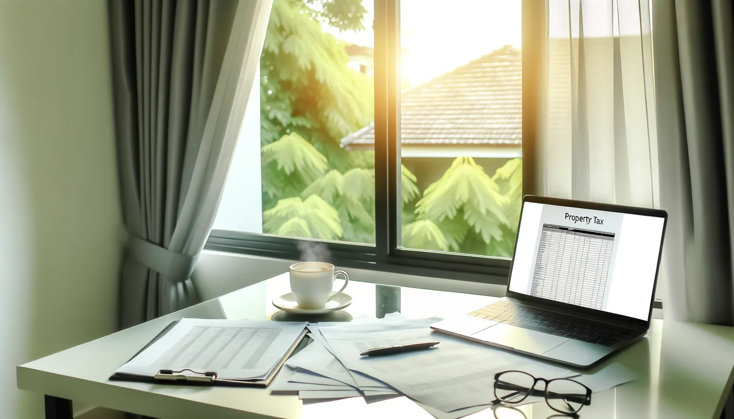Property tax documents and laptop on a desk