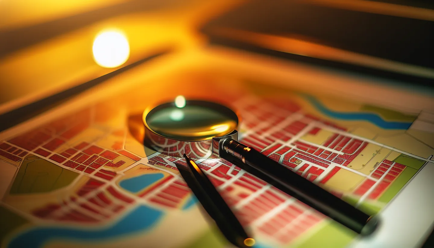 Property survey map and magnifying glass on a table