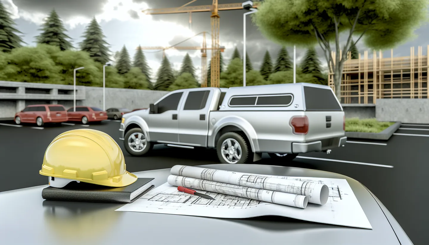 Blueprints and hard hat on a truck hood at a construction site