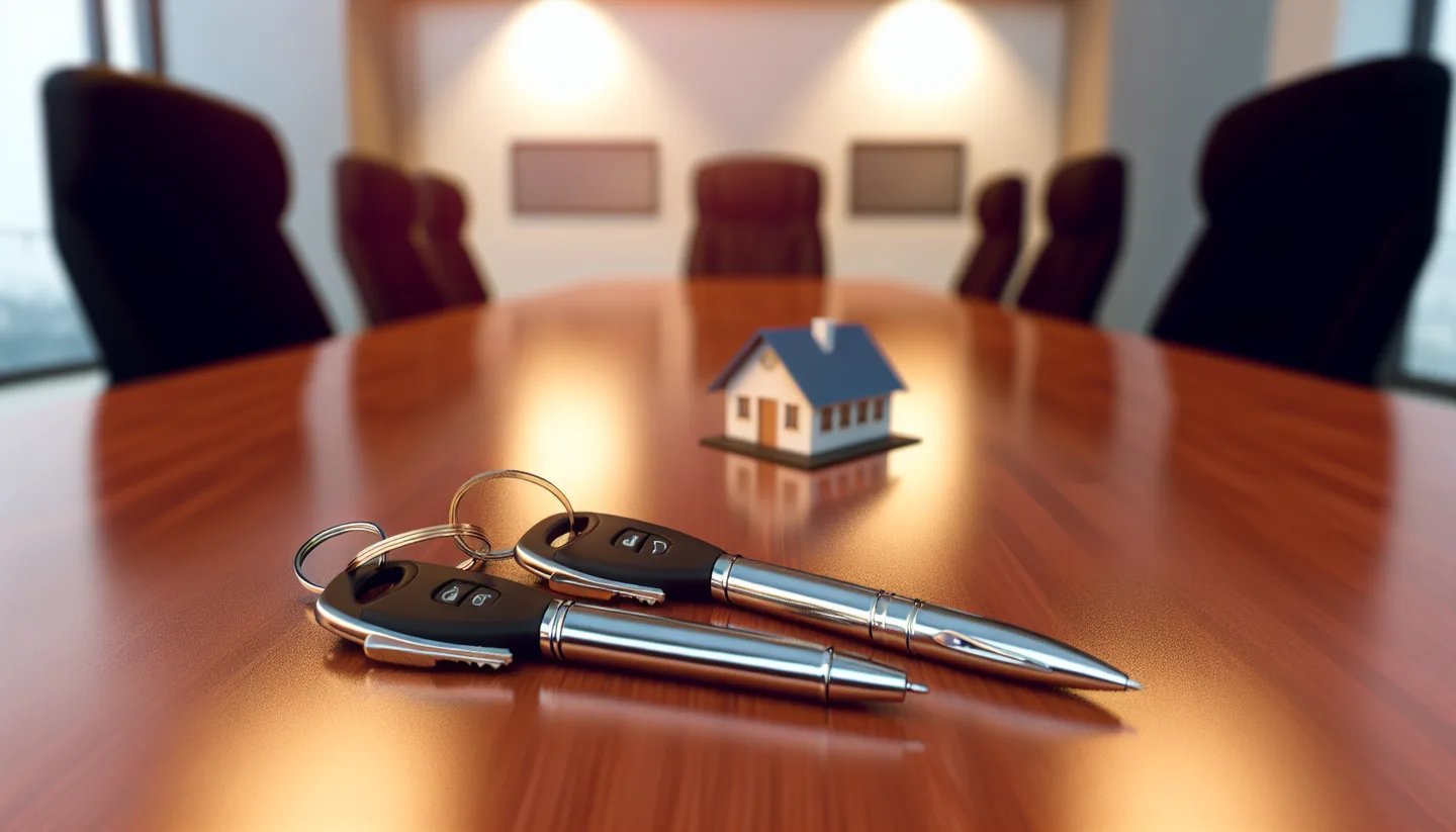 Property closing table with signed documents and keys from above