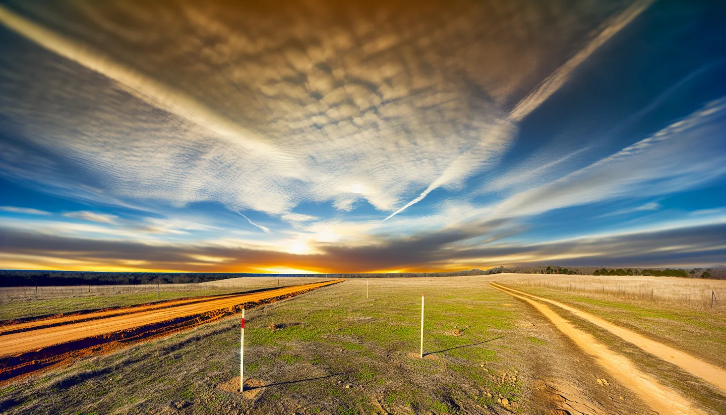 Rural property with survey stakes along a county road