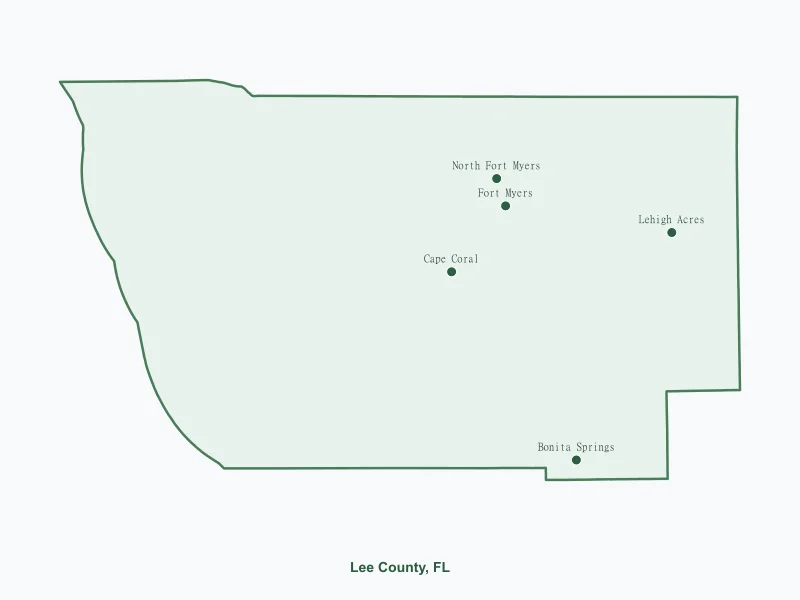 Map of Lee County, FL showing major cities