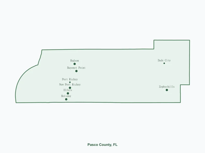 Map of Pasco County, FL showing major cities