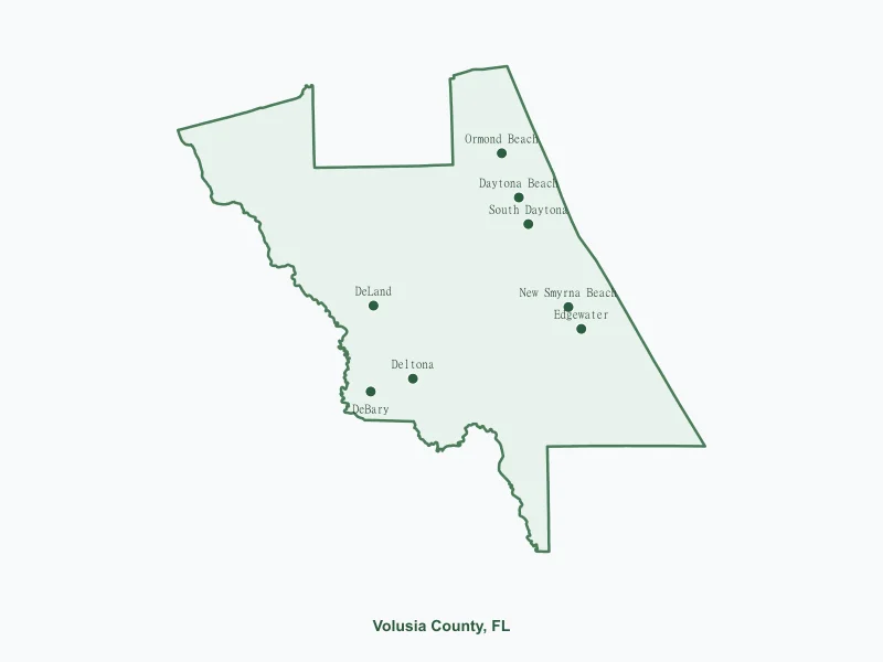 Map of Volusia County, FL showing major cities