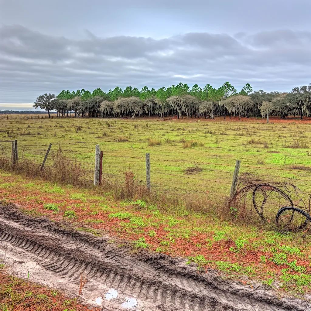 Rural acreage with open grassland and conifer forest in Pasco County, Florida